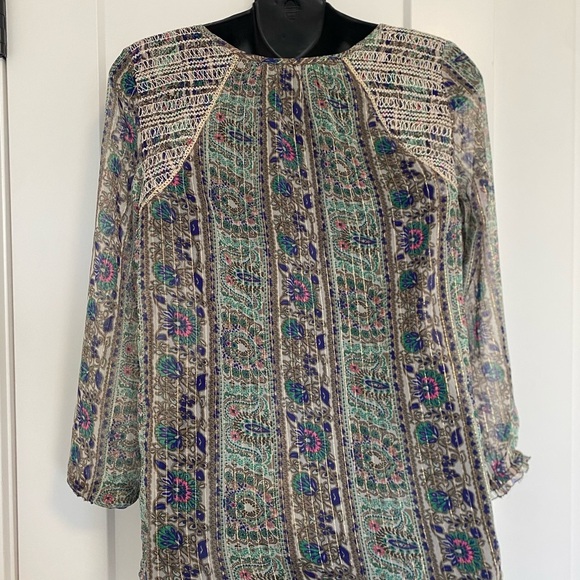 American Eagle Tie Front Printed Long Sleeve Boho Sheer Light Blouse Size XS - Picture 6 of 8